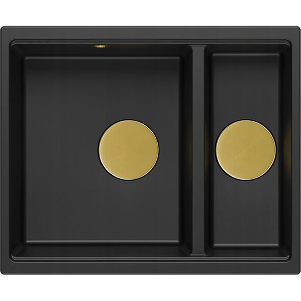 Zlewozmywak GraniteQ QUADRON | LOGAN 150 | granitowy zlewozmywak kuchenny CZARNY mat + ZŁOTO PVD | wymiary: 56 x 46 x 22 cm | 1,5-komorowy podwieszany | podbudowa szafki od: 60 cm 12945700 5904310998819