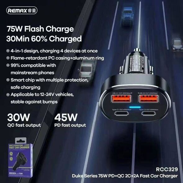 Ładowarka Remax Ładowarka samochodowa 2x USB, 2x USB-C, REMAX RCC329, 75W (czarna) 12993878 6954851202042