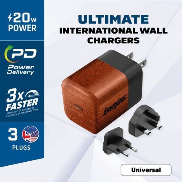 Ładowarka Energizer Energizer Ultimate - Ładowarka sieciowa Multiplug EU / UK / US GaN 20W PD (Walnut burl) 12996270 3492548232222