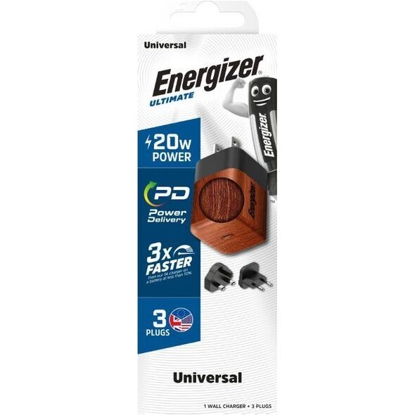 Ładowarka Energizer Energizer Ultimate - Ładowarka sieciowa Multiplug EU / UK / US GaN 20W PD (Walnut burl) 12996270 3492548232222