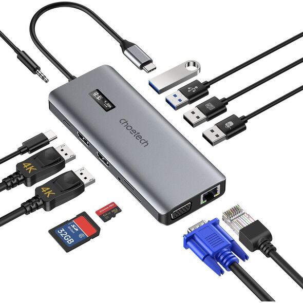 HUB USB Choetech Adapter 12w1 Choetech HUB-M26 USB-C do USB-C+ USB-A+ HDMI+ VGA+ AUX+ SD+ TF (szary) 12996665 6971824978292