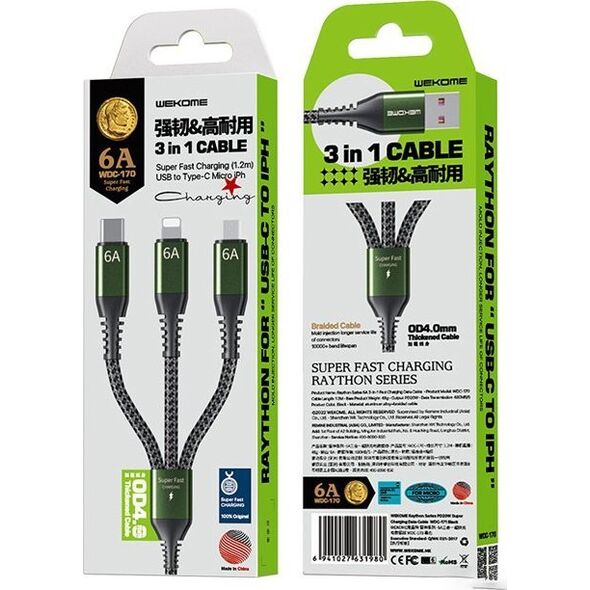 Kabel USB Wekome USB-A - USB-C + microUSB + Lightning 1.2 m Zielony (WK-WDC-170_BLACK) 13026838 6941027631980