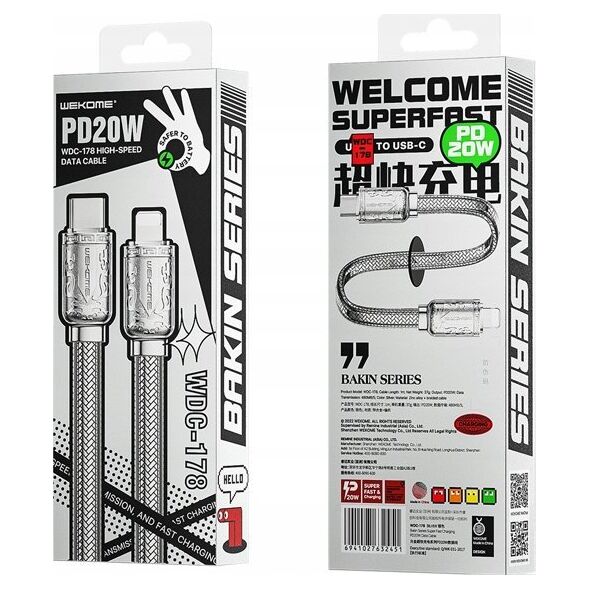 Kabel USB Wekome USB-C - Lightning 1 m Srebrny (WK-WDC-178) 13026869 6941027632451