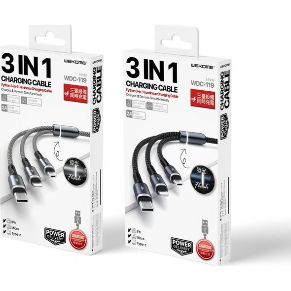 Kabel USB Wekome USB-A - USB-C + microUSB + Lightning 1.2 m Szary (WK-WDC-119_SILVER) 13026879 6941027613719