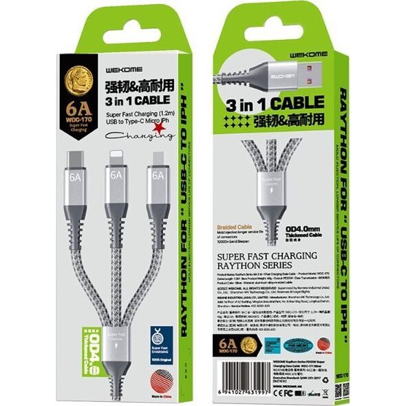 Kabel USB Wekome USB-A - USB-C + microUSB + Lightning 1.2 m Srebrny (WK-WDC-170_SILVER) 13027013 6941027631997