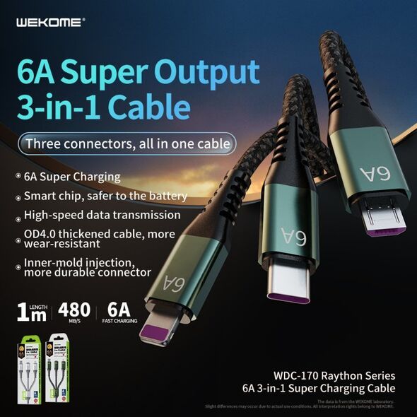 Kabel USB Wekome USB-A - USB-C + microUSB + Lightning 1.2 m Srebrny (WK-WDC-170_SILVER) 13027013 6941027631997