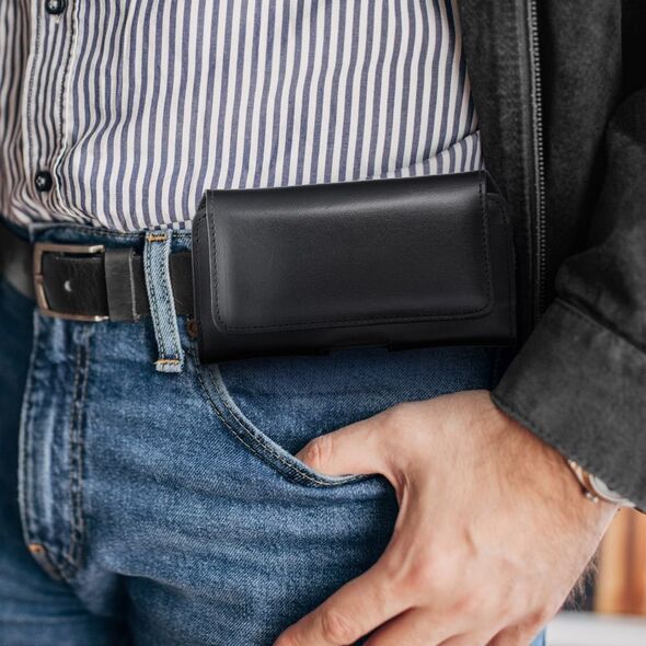 OEM Skórzana uniwersalna kabura pozioma do paska - ROYAL / czarny - Rozmiar 2XL - do SAMSUNG A21s / S20 ULTRA / S21 ULTRA / A70 / A71 / XIAOMI REDMI 9 / HUAWEI P SMART PRO 13089744 5903396200991
