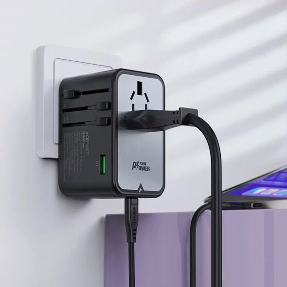 Ładowarka Acefast Multifunkcyjna ładowarka sieciowa podróżna Acefast Z1, 2xUSB-A, 3xUSB-C, GaN, 67W, US/EU/UK/AU (czarna) 13132514 6974316282495