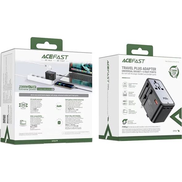 Ładowarka Acefast Multifunkcyjna ładowarka sieciowa podróżna Acefast Z1, 2xUSB-A, 3xUSB-C, GaN, 67W, US/EU/UK/AU (czarna) 13132514 6974316282495