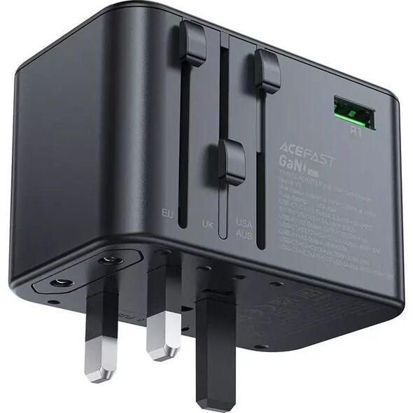 Ładowarka Acefast Multifunkcyjna ładowarka sieciowa podróżna Acefast Z1, 2xUSB-A, 3xUSB-C, GaN, 67W, US/EU/UK/AU (czarna) 13132514 6974316282495