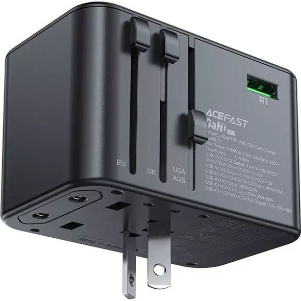 Ładowarka Acefast Multifunkcyjna ładowarka sieciowa podróżna Acefast Z1, 2xUSB-A, 3xUSB-C, GaN, 67W, US/EU/UK/AU (czarna) 13132514 6974316282495