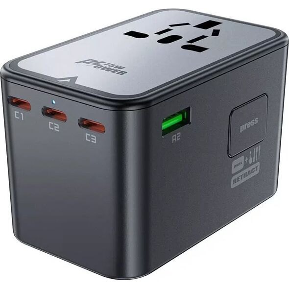 Ładowarka Acefast Multifunkcyjna ładowarka sieciowa podróżna Acefast Z1, 2xUSB-A, 3xUSB-C, GaN, 67W, US/EU/UK/AU (czarna) 13132514 6974316282495
