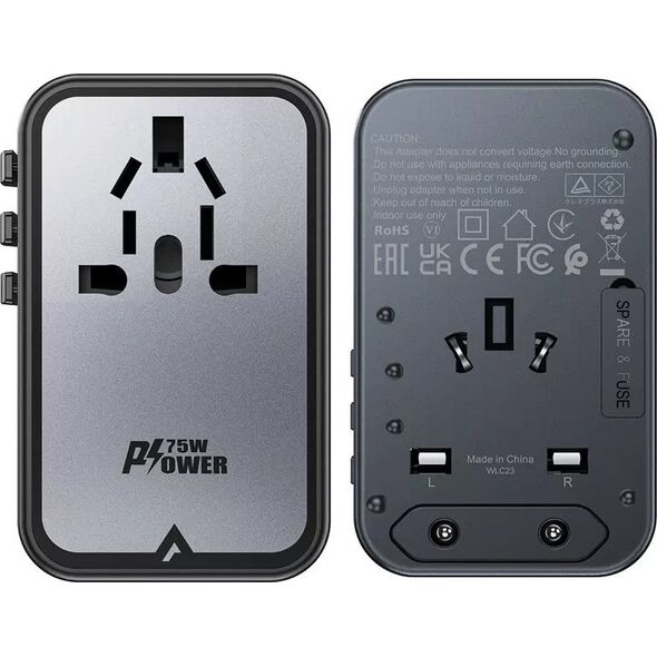 Ładowarka Acefast Multifunkcyjna ładowarka sieciowa podróżna Acefast Z1, 2xUSB-A, 3xUSB-C, GaN, 67W, US/EU/UK/AU (czarna) 13132514 6974316282495