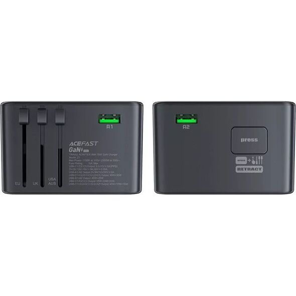 Ładowarka Acefast Multifunkcyjna ładowarka sieciowa podróżna Acefast Z1, 2xUSB-A, 3xUSB-C, GaN, 67W, US/EU/UK/AU (czarna) 13132514 6974316282495