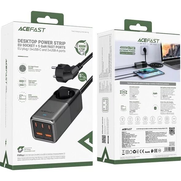 Ładowarka Acefast Ładowarka sieciowa / listwa zasilająca Acefast Z2, GaN, 3xUSB-C, 2xUSB-A, 75W (czarna) 13132758 6974316282501