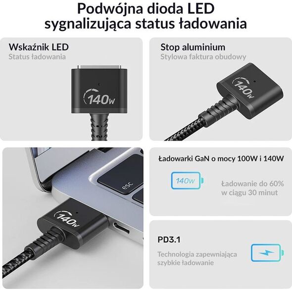 Kabel zasilający Unitek Unitek Kabel zasilający USB-C - MagSafe 3 140W 2 m 13154156 4894160050014