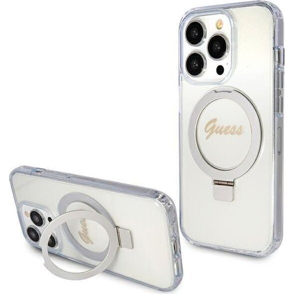 Guess Guess GUHMP15LHRSGSD iPhone 15 Pro 6.1" przezroczysty/transparent hardcase Ring Stand Script Glitter MagSafe 13171309 3666339156626
