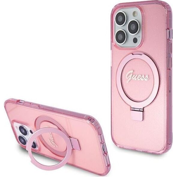 Guess Guess GUHMP15LHRSGSP iPhone 15 Pro 6.1" różowy/pink hardcase Ring Stand Script Glitter MagSafe 13171315 3666339156480