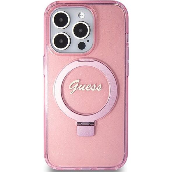 Guess Guess GUHMP15LHRSGSP iPhone 15 Pro 6.1" różowy/pink hardcase Ring Stand Script Glitter MagSafe 13171315 3666339156480