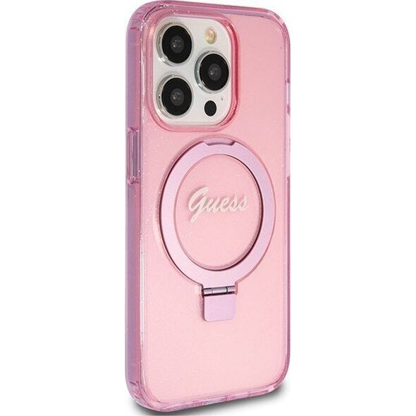 Guess Guess GUHMP15LHRSGSP iPhone 15 Pro 6.1" różowy/pink hardcase Ring Stand Script Glitter MagSafe 13171315 3666339156480