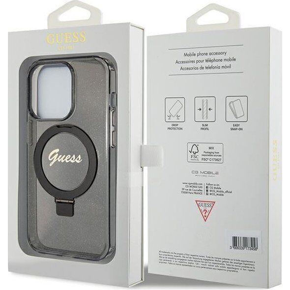 Guess Guess GUHMP15XHRSGSK iPhone 15 Pro Max 6.7" czarny/black hardcase Ring Stand Script Glitter MagSafe 13171323 3666339156350