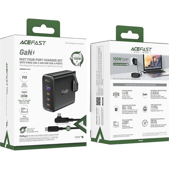 Ładowarka Acefast Szybka ładowarka GaN UK Acefast A40 100W PD 3x USB-C 1x USB-A - czarna 13177921 6974316281962