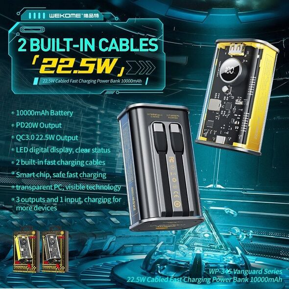 Powerbank Wekome Power bank 10000 mAh Fast Charging z wbudowanym kablem USB-C & Lightning PD 20W + QC 22.5W Czarny 13216591 6941027640029