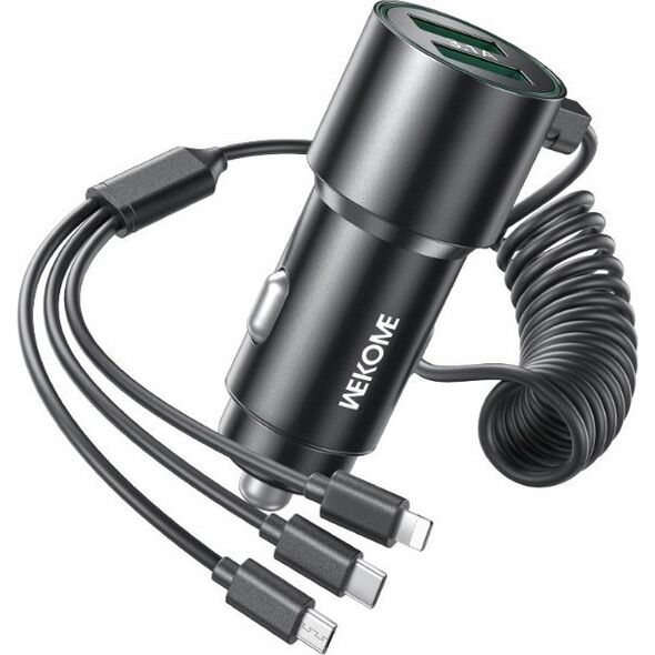 Ładowarka Wekome Ładowarka samochodowa z wbudowanym kablem 3w1 USB-C / Lightning / Micro USB + 2x USB-A 33W Czarna 13216600 6941027643983
