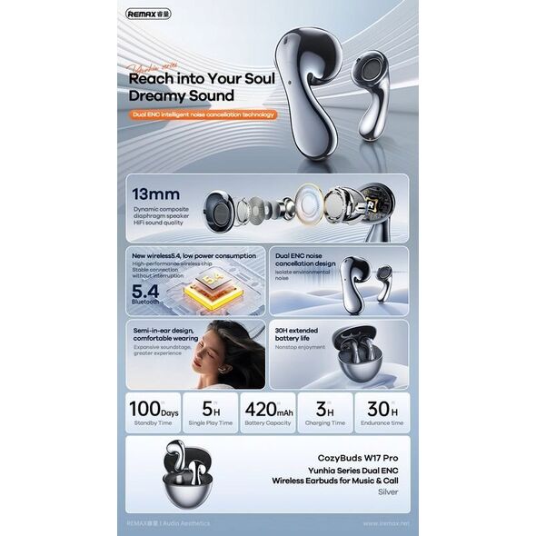 Słuchawki Remax W17 PRO BT 5.4 srebrne 13224884 6954851215608