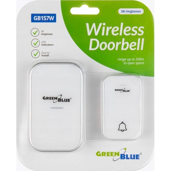 GreenBlue Dzwonek bezprzewodowy bezbateryjny kinetyczny GreenBlue, 38 melodii, biały, zasięg do 200m, IP44, GB157 W 13227729 5902211132554