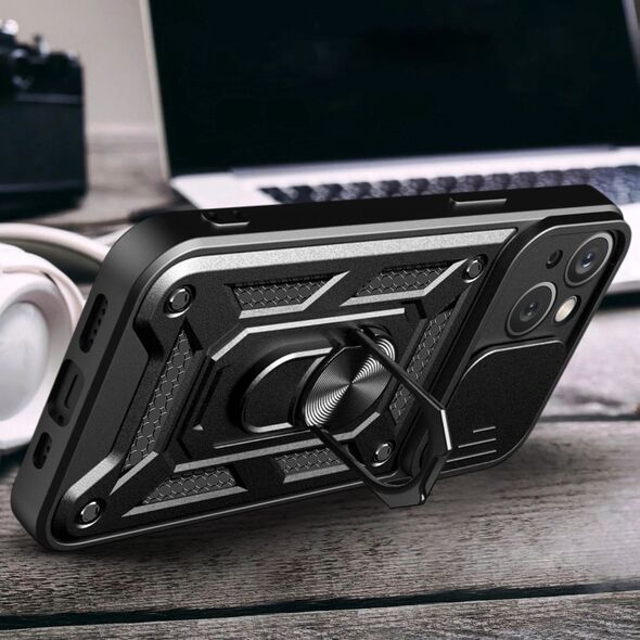 Hurtel Pancerne etui Hybrid Armor Camshield z podstawką i osłoną aparatu do iPhone 15 - czarne 13250641 9145576280744