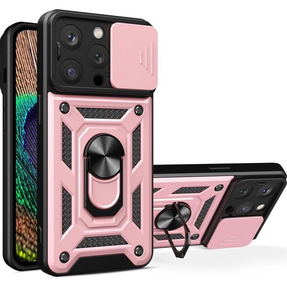 Hurtel Pancerne etui z podstawką i osłoną aparatu do iPhone 15 Pro Hybrid Armor Camshield - różowe 13251180 9145576280829