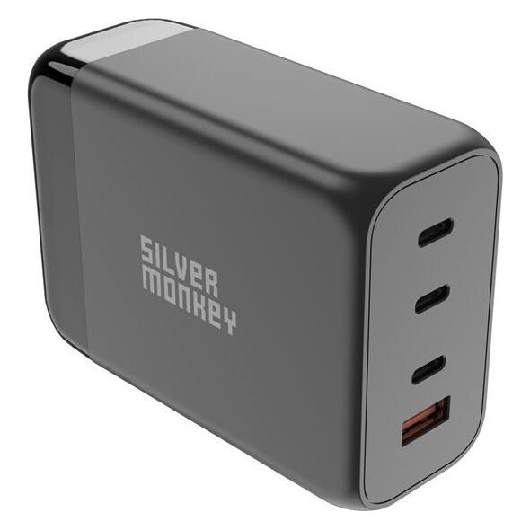 Ładowarka Silver Monkey Ładowarka GaN Silver Monkey SMA155 200W 3xUSB-C PD USB-A QC 3.0 z odłączanym kablem zasilającym - czarna 13252021 5900779358454