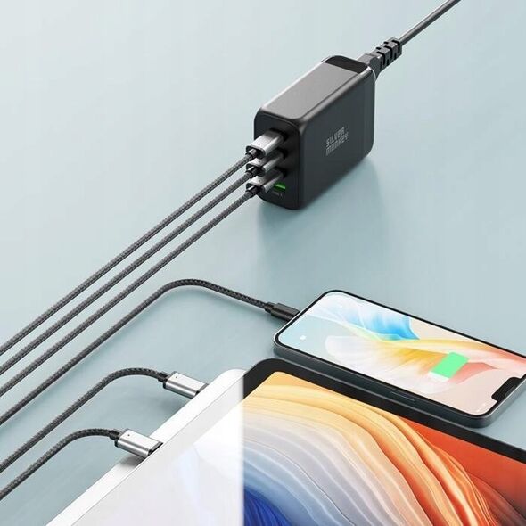 Ładowarka Silver Monkey Ładowarka GaN Silver Monkey SMA155 200W 3xUSB-C PD USB-A QC 3.0 z odłączanym kablem zasilającym - czarna 13252021 5900779358454