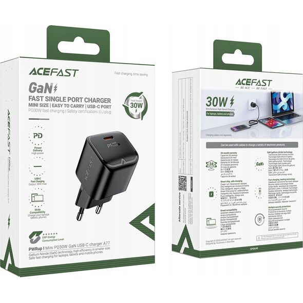Ładowarka Acefast Ładowarka sieciowa Acefast A77 Mini PD 30W GaN USB-C - czarna 13252118 6974316282662