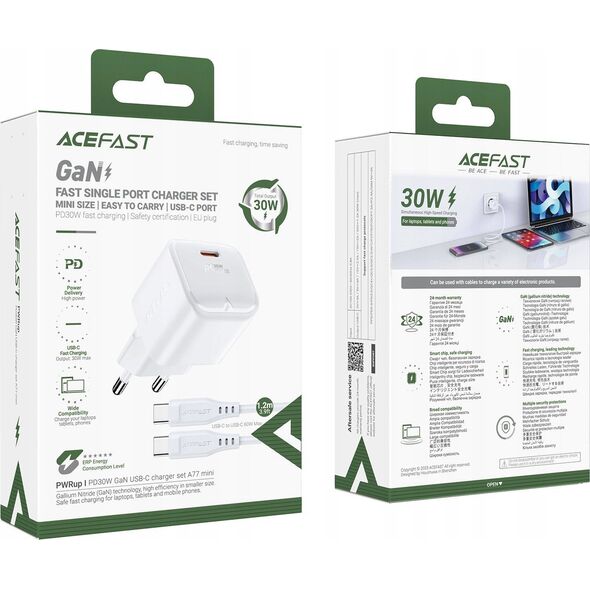 Ładowarka Acefast Ładowarka sieciowa Acefast A77 Mini PD 30W GaN + kabel USB-C - biała 13252127 6974316282853