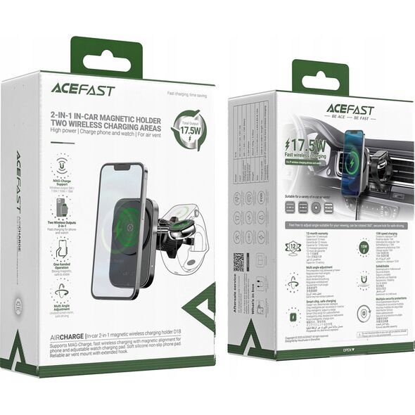 Ładowarka Acefast Uchwyt samochodowy Acefast D18 z ładowarką indukcyjną MagSafe / Qi + kabel USB-A USB-C - czarny 13252128 6974316282761