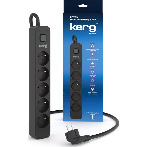 Listwa zasilająca Kerg Urządz. zas.-zabezpiecz. KERG z wyłącznikiem-5 gniazd-czarny-5m-16A-H05VV-F-3x1,5mm2 13294342 5901791351508