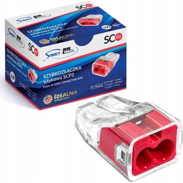 Simet Szybkozłączka wciskana do drutów 2x 0,75-4mm2 32A 1opak.=10szt. Simet Ideal SCP2 B10 88001001 transparentna/czerwona 13295616 5907813235863