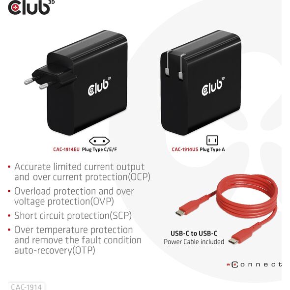Zasilacz do laptopa Club 3D Club3D Ladegerät   1xUSB Typ C               PD 140W, GaN retail 13334950 8719214472689