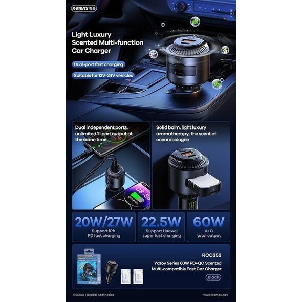 Ładowarka Remax ŁAD SAM. REMAX YATOY SERIES WITH SCENT 60W PD QC RCC353 1xUSB +1xUSB-C BLACK 13430953 6954851233770