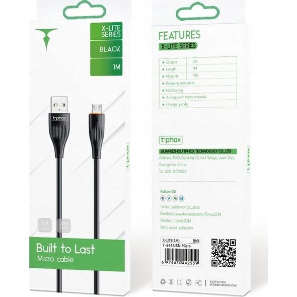 Kabel USB T-Phox KABEL T-PHOX X-LITE MICRO USB BLACK 1M 3A 13431728 6974670442559