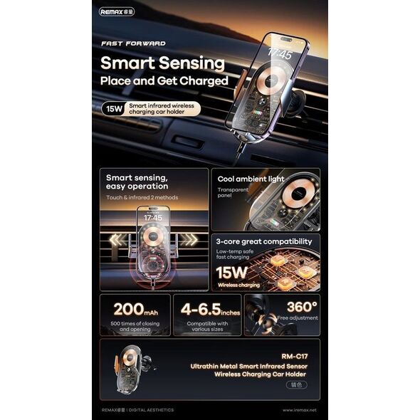 Remax UCHWYT SAM REMAX RM-C17 15W BEZPRZEWODOWY WIRELESS BLACK 13435504 6954851209751