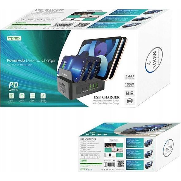 Ładowarka T-Phox ŁAD SIEC T-PHOX POWERHUB DUAL PORT 100W 2xUSB-C/3xUSB STACJA DOKUJĄCA BLACK 13439637 6974670440517