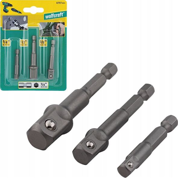 Wolfcraft 1 zestaw 3 adapterów do kluczy nasadowych  1/2 , 3/8 cala, 1/4 cala, trzpień 6-kątny 13494109 4006885879706