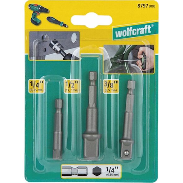 Wolfcraft 1 zestaw 3 adapterów do kluczy nasadowych  1/2 , 3/8 cala, 1/4 cala, trzpień 6-kątny 13494109 4006885879706