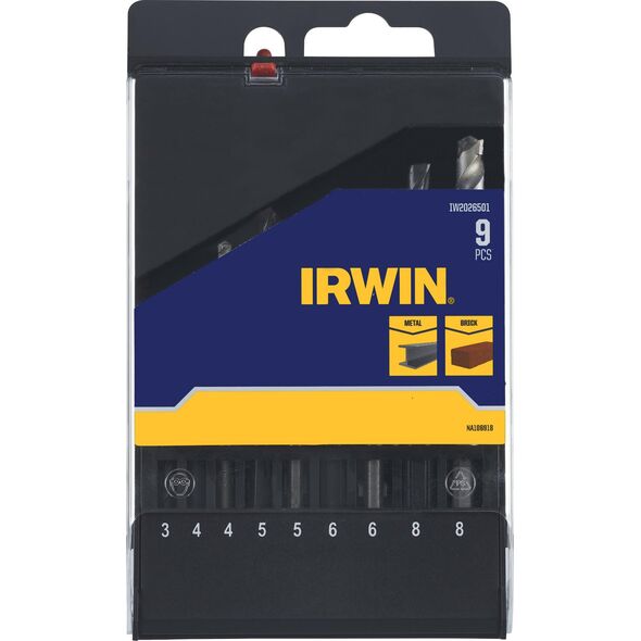 Wiertło Irwin IRWIN WIERŁO DO BETONU / METALU HSS kpl. 9szt.   3, 4(x2), 5(x2), 6(x2) i 8(x2)mm w kasecie 13495525 5054905293314