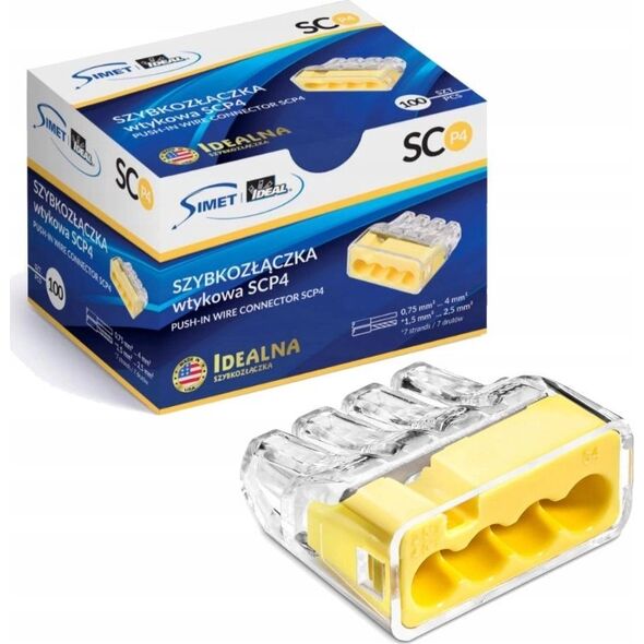 Simet Szybkozłączka wciskana do drutów 4x 0,75-4mm2 32A 1opak.=10szt. Simet Ideal SCP4 B10 88001004 transparentna/żółta 13515680 5907813235856