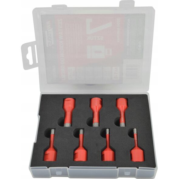 Wiertło AWTools AWTOOLS ZESTAW KORON DO GRESU kpl.7szt. (2x6mm, 8, 10,12,14mm) W KUFRZE DO PRACY NA SUCHO Z WOSKIEM 13518568 5903678615963