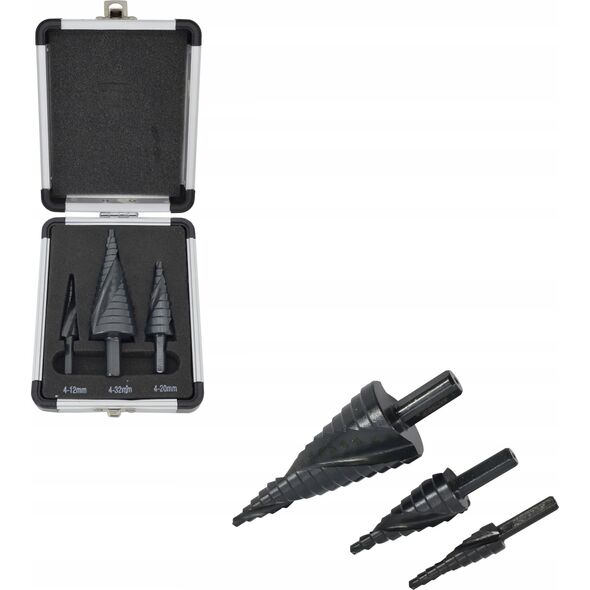 Wiertło AWTools AW WIERTŁO STOPNIOWE SPIRALNE KPL. 3szt./ 4-12 4-20 4-39mm/ AICrN/ CZARNE/ ETUI PLASTIK. 13520296 5903678616229
